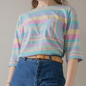 Vintage Pastel Striped Multicolored 90s Short Sleeve Retro Grandma Core Top